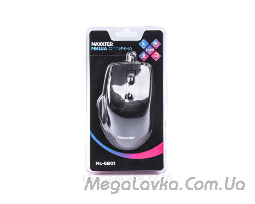 Миша провідна, оптична, ергономічна, 6 кнопок, 2400 DPI, USB, чорна, Maxxter Mc-6B01