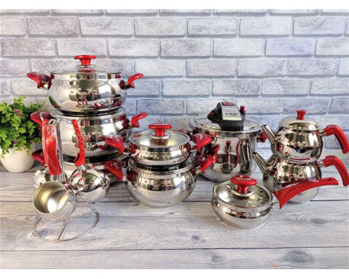 Набір кухонного посуду з нержавіючої сталі 22 предмета червоний Туреччина OMS 1028-Red