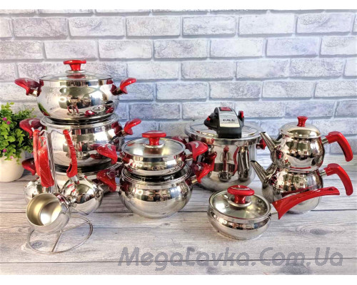 Набір кухонного посуду з нержавіючої сталі 22 предмета червоний Туреччина OMS 1028-Red