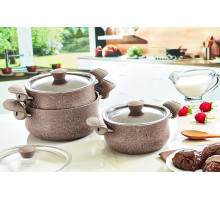 Набор посуды с антипригарным покрытием из 6-ти предметов коричневый Турция OMS 3027-Brown