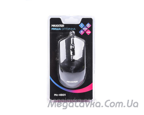 Миша провідна, оптична, 4 кнопки, 2400 DPI, USB, чорна, Maxxter Mc-4B01