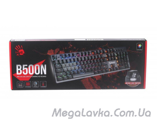 Клавиатура A4Tech B500N Bloody, игровая, Mecha-like (гибридные) свитчи, 5-зонная подсветка,алюминевая накладка