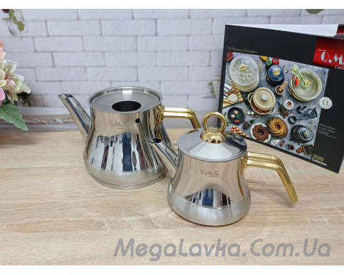 Двох'ярусний чайник з нержавіючої сталі 0,75 / 1,75 л ручки золото Туреччина OMS 8075-L-Gold